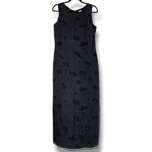 90s Vintage 100% Silk Maxi Dress Black Floral Beaded Sz 8 Goth Formal Minimalist